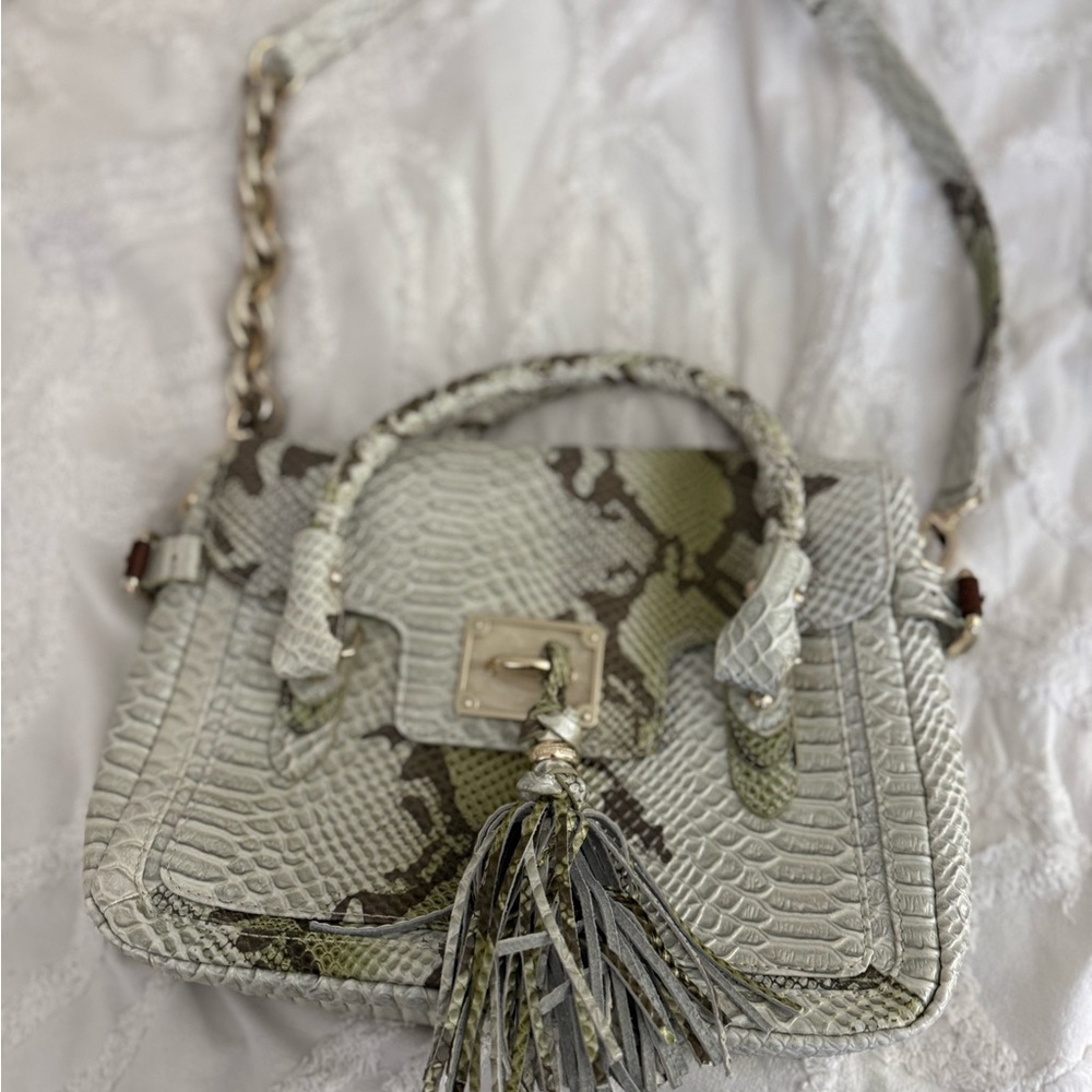 Elliott Lucca Green and Cream Snake-Embossed Satchel with Tassel